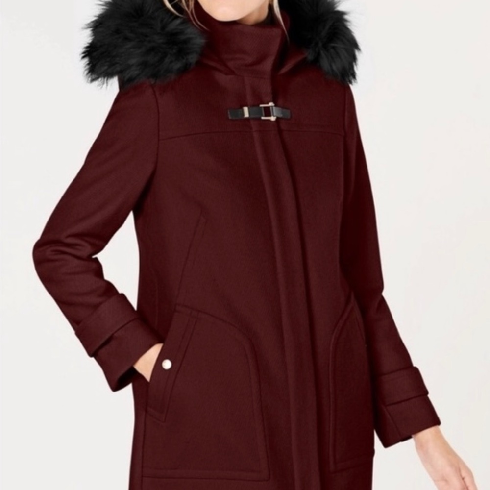 Like New Cole Haan Duffle Coat with faux fur hood